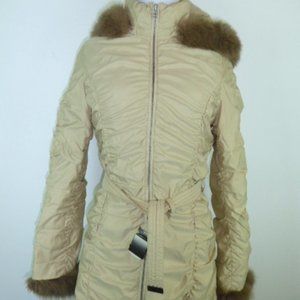 GINZA PUFFER COAT hooded removable tan fur trim 40 S M
